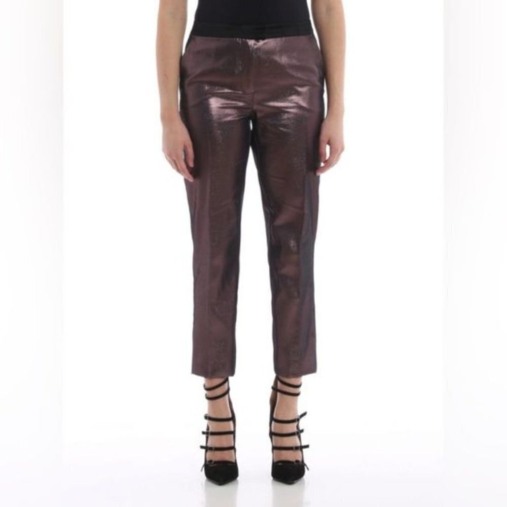Pinko women’s purple metallic twill trousers with contrasting satin NWT 4